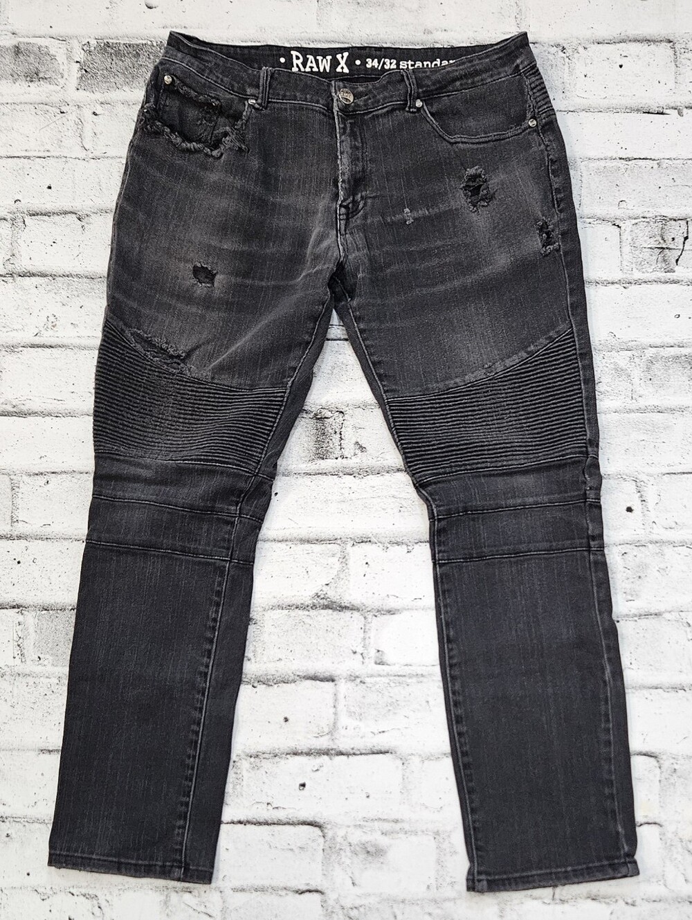 Raw X Mens Moto Jeans 34x32 Black Distressed Biker Straight Stretch Denim